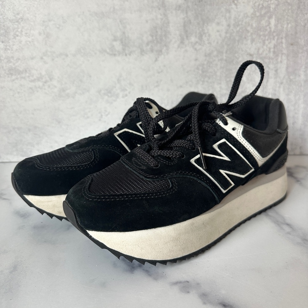 New Balance 574 Black and White Platform Sneakers - Picture 2 of 10